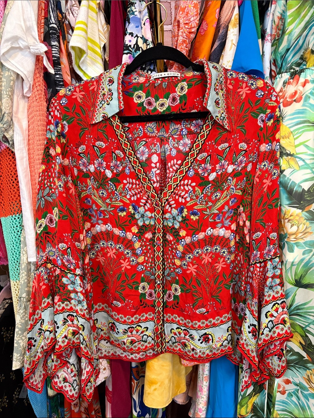 Alice + Olivia Red Floral Bell-Sleeve Blouse - Picture 2 of 5